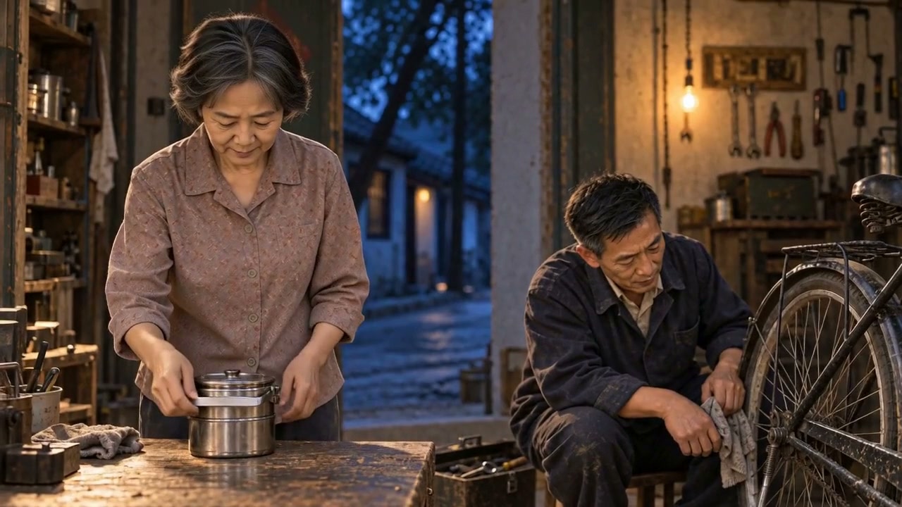 修车铺天色渐暗，妻子放下饭盒，陈立安仍蹲在旧自行车旁。