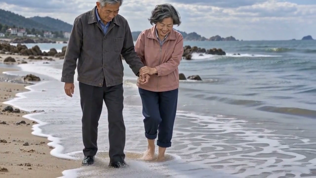 海浪漫过陈立安的皮鞋，妻子笑着拉住他的手。